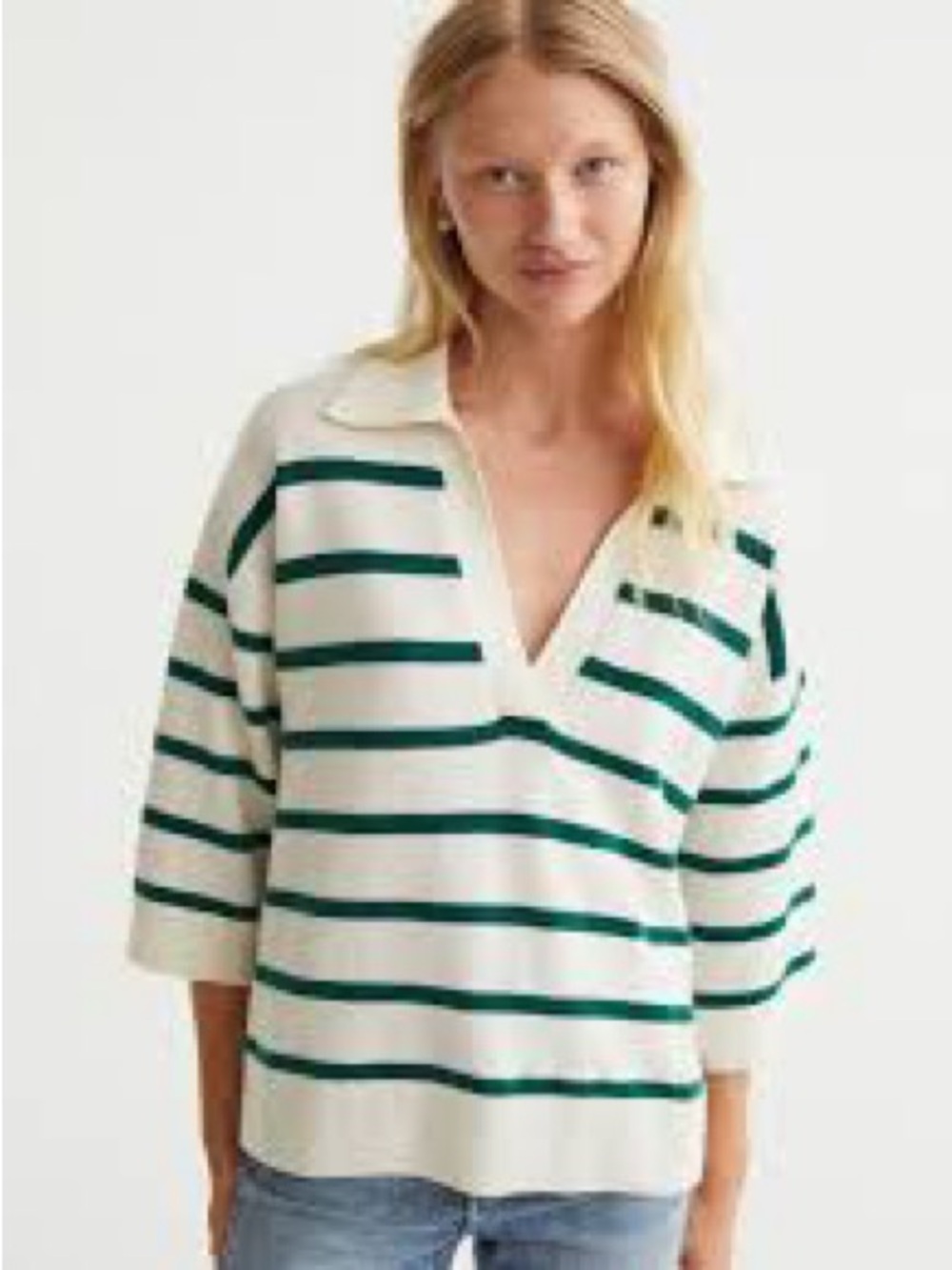 H&M Collared Striped Sweater Ivory Green Soft Fuzzy Knit Relaxed Size Medium